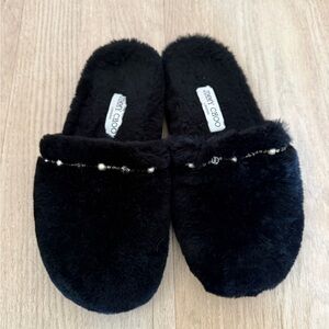 Jimmy Choo London Blk Shearling Crystal Slippers EU 37.5 / US 7 Fur Slide Flats